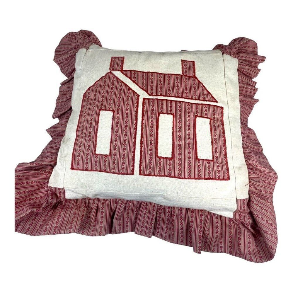 Vintage Handmade Applique Quilted Accent Throw Pillow Ruffle Pink House 13x13